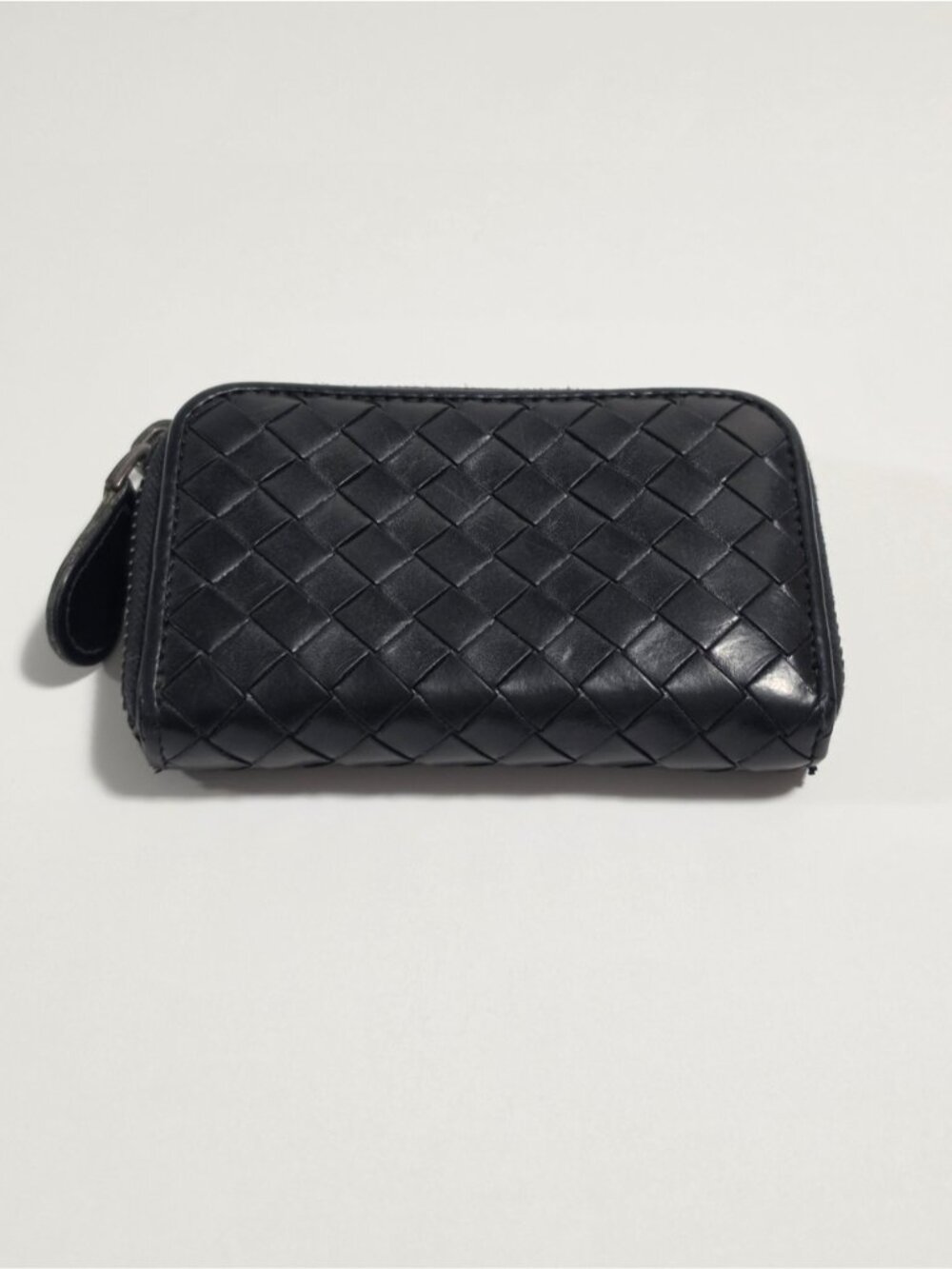 Bottega Veneta Black Woven Leather Zip Wallet Small Cardholder With Entrupy Cert